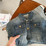 Mqtime Children's Clothes 2023 Spring New Boys Girls Vintage Old Coat Baby Hole Denim Jacket