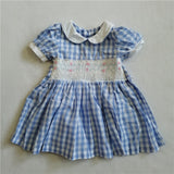 Summer Baby Girls Smocked Dresses Childen Vintage Plaid Pink Blue Embroidery Frocks Smocking Handmade Dress Size 1 2 3 4 5 Years