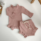 Mqtime 2Pcs Newborn Autumn Baby Girls Clothes Set Ribbed Ruffle High Collar Long Sleeves Romper Tops Bow Shorts Infant Cute Outfit Set