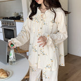 Mqtime Autumn Knitted Cotton Leisure Lounge wear Pajamas Woman Fashion Sleepewear Suit Long Sleeve Print Female Loungewear