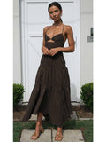 Mqtime Cut Out White Sexy Summer Long Dress Lady Backless Tie Up Female Maxi Robe Vestidos V Neck Coffee Elegant Beach Dress