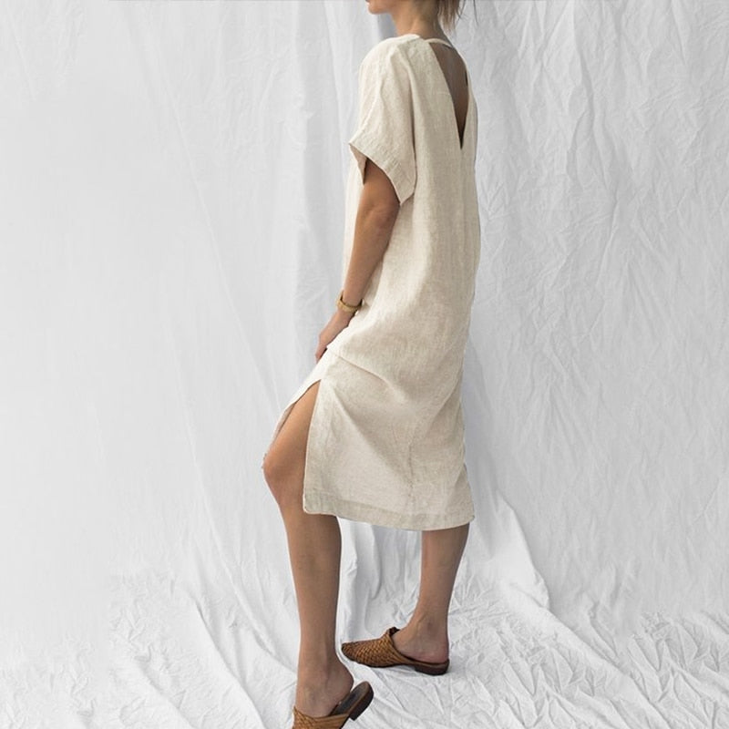 Mqtime Cotton Linen Women'S Summer Dress Sexy V-Neck Short Sleeve Open mqtime Mqtime Cotton Linen Women'S Summer Dress Sexy V-Neck Short Sleeve Open mqtime