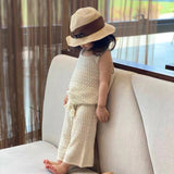 Mqtime Summer Baby Clothes Fashion Hollow Lace Design Knit Sleeveless Pullovers Top Vest Tassel Elastic Wide Leg Pants Kids Clothing