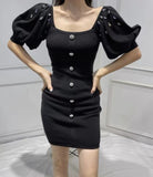 Mqtime niche design puff sleeves brick trim slimming knitted skirt elastic