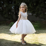 Mqtime  New Girl's Ceremonial Dress Pearl Tulle Children's White Sleeveless Dresses Princess Performance Costume 5 7Y