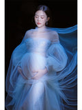 Mqtime Women Photography Props Handmade Blingbling Off-shoulder Maternity Dresses Blue Perspective Pregnancy Dress for Studio Shoot New