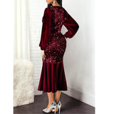 Mqtime Chic and Elegant Woman Dress Sexy V Neck Lantern Long Sleeve Shiny Sequined Robes Bodycon Glitter Evening Birthday Mermaid Gowns