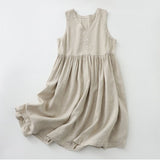 Mqtime V-Neck Vest Dress Japanese Style Loose Solid Cotton Linen Summer Dresses Sleeveless Women A-Line Vestidos Button U225
