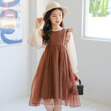 Mqtime kids girls brown tulle jumper dress children 6 to 16 years teen girl fashion spring summer ruffle midi sleeveless dresses