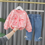 Mqtime Spring Autumn Children Baby Girl 2PCS Clothing Set Printed Butterfly Cotton Sweatshirts Jeans Pants Kids Girl Sports Suit