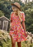 Mqtime Floral Chic Tiered Mini Dresss Ruffles Casual Summer Puff Sleeve Women Ladies Party Holiday Ladies Dresses Vestidos