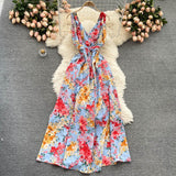 Tavimart Seaside Holiday Long Dress Women Summer Scheming Folds Waist Thin Print Floral Dress