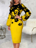 Mqtime Fashion Floral Print Dress Women Elegant O Neck Long Sleeve Party Robes Bodycon Lantern Sleeves African Printed Vestidos Autumn