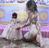 Mqtime Custom Elegant  Mother Daughter Dress Pink Lace White Mom Kid Matching Dresses Girls Fist Communion Mom Kid Matching Dress
