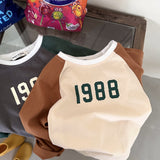 Mqtime Children's T-shirt New Spring 2023 Boys Girls Color Contrast Digital Round Neck Pullover Top