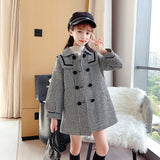 Mqtime Teen Girls Long Plaid Jackets 3-14 Year Kids Winter Warm Wool & Blends Trench Coats Fashion Breasted Outerwear Children Overcoat