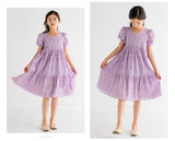 Mqtime 8 10 years Girls Purple Lace Dresses Party Birthday Sweet Puff Sleeve Kids Clothes Summer Teenage Girls Elegant Dress
