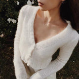 Mqtime white cropped cardigan women autumn winter fuzzy cardigan v neck long sleeve mohair short knitted fluffy cardigans