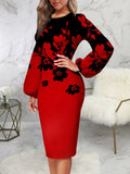 Mqtime Fashion Floral Print Dress Women Elegant O Neck Long Sleeve Party Robes Bodycon Lantern Sleeves African Printed Vestidos Autumn