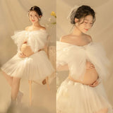 Mqtime  Maternity Dress Set for Photo Shoot Summer Sexy Shoulderless White Tulle Top+ Skirt 2 Pieces Set for Pregnant Women Photography