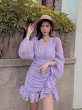 Mqtime Spring and Autumn Dress Minority Chiffon V-neck Long Sleeve Fold Waist ruffled skirt Holiday Dress