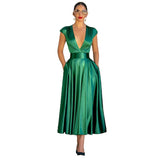 Mqtime Spring Summer Women Sexy Long Dress Elegant Party V Neck Short Sleeve Zipper Solid Bodycon Slim Maxi Green Dress 2023 New