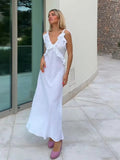 Mqtime Ruffle Double V Neck White Linen Maxi Summer Dress Women Spaghetti Strap Elegant Long Beach Casual Party Sundress Boho