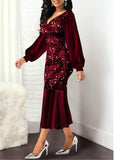 Mqtime Chic and Elegant Woman Dress Sexy V Neck Lantern Long Sleeve Shiny Sequined Robes Bodycon Glitter Evening Birthday Mermaid Gowns