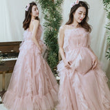 Mqtime Pink Maternity Sling Dress Baby Shower Party Long Dress Ruffle Tulle Maternity Photography Dress Elegant Princess Prom Dress