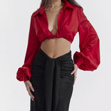 Mqtime  Satin Women's Shirt Lapel Neck Lantern Long Sleeve Cross Hem Red Crop Top Sexy Fashion 2023 Summer Style New