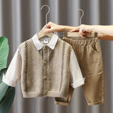 Mqtime Baby Spring Plaid Set New Boy Korean Vest Sweater + Shirt + Jeans Three-piece Sets Baby Toddler Handsome Fall Clothes Suit