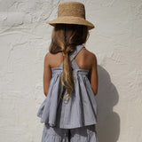 Retro Girls Summer Striped Suit 2022 New Baby Girl Cotton Casual Tops + Loose Wide Leg Pants Children's Clothing TZ140