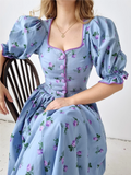 Mqtime Blue Floral Printed Chic Midi Dress French Button Front Summer Elegant Women Dresses Puff Sleeve Party Holiday Vestido