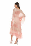 Mqtime Flared sleeve tassel chiffon pink dress female summer new temperament large swing sunscreen long skirt waist and ankle