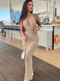 Mqtime 2023 Summer Beach Dress For Women Elegant Sleeveless Backless Halter Lace Up Sexy Boho Dresses White Knitted Long Dress