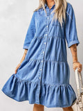 Mqtime Summer Dress Women Blue Fashion Korean Elegant Clothing Streetwear Loose Vintage Oversize  Knee-Length Turn-down Collar