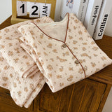 Mqtime Washable Cotton Crepe Floral Loungewear Set 2-Piece Set Top Long Pant Pyjamas Suit  Spring New Women Nightwear