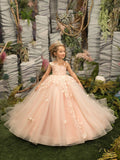 Mqtime Flower Girl Dresses for Wedding Pearl Pink Floral Tulle Luxury Princess Long Maxi Kids Bridesmaid Ball Gowns Birthday