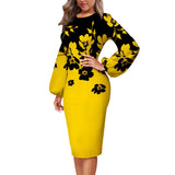 Mqtime Fashion Floral Print Dress Women Elegant O Neck Long Sleeve Party Robes Bodycon Lantern Sleeves African Printed Vestidos Autumn