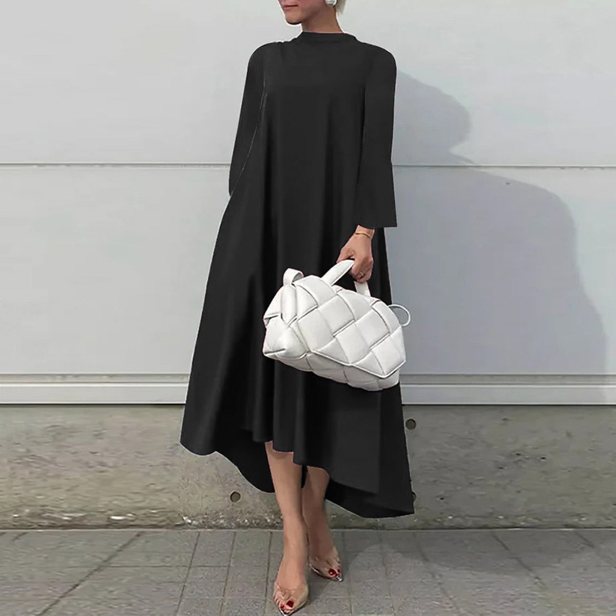 Mqtime Fashion Female Dress Simple Long Sleeves High-Low Lace-up Solid mqtime Mqtime Fashion Female Dress Simple Long Sleeves High-Low Lace-up Solid mqtime