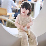 Mqtime Summer Baby Clothes Fashion Hollow Lace Design Knit Sleeveless Pullovers Top Vest Tassel Elastic Wide Leg Pants Kids Clothing