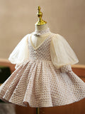 Mqtime Baby Girls Princess Ball Gowns Infant Girl Patchwork Lace Puff Sleeves Beading Midi Dress Children Elegant Cute Party Wear