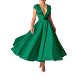 Mqtime Spring Summer Women Sexy Long Dress Elegant Party V Neck Short Sleeve Zipper Solid Bodycon Slim Maxi Green Dress 2023 New