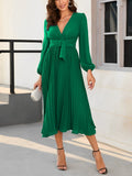 Mqtime New Women's Dress Spring Summer  Korean Fashion Green Pleated Skirt Elegant Party Long Sleeve Long Dress Oversize Sexy Robe