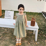 Mqtime  Cotton Dress Summer Solid Color Cotton Linen Loose Dresses Children Countryside Ruffles Strap Dress Beach Kids Clothes