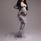 Mqtime Sexy Maternity Dress Rhinestone Tulle Patchwork Dress Mesh Feather Dress Baby Shower Dress Maternity Photography Clothing