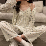 Mqtime Fdfklak New Ladies Pajamas Set 3Pcs Cardigan+Camisole+Pants Cotton Femme Sleepwear Spring Autumn Comfort Loose Homewear