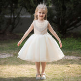 Mqtime  New Girl's Ceremonial Dress Pearl Tulle Children's White Sleeveless Dresses Princess Performance Costume 5 7Y