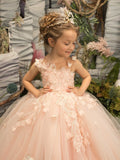 Mqtime Flower Girl Dresses for Wedding Pearl Pink Floral Tulle Luxury Princess Long Maxi Kids Bridesmaid Ball Gowns Birthday