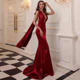 Mqtime Burgundy Prom Dresses Mermaid Sexy Backless Off Shoulder Boat Neck Bow Wedding Banquet Party Cocktail Evening Dresses With Train